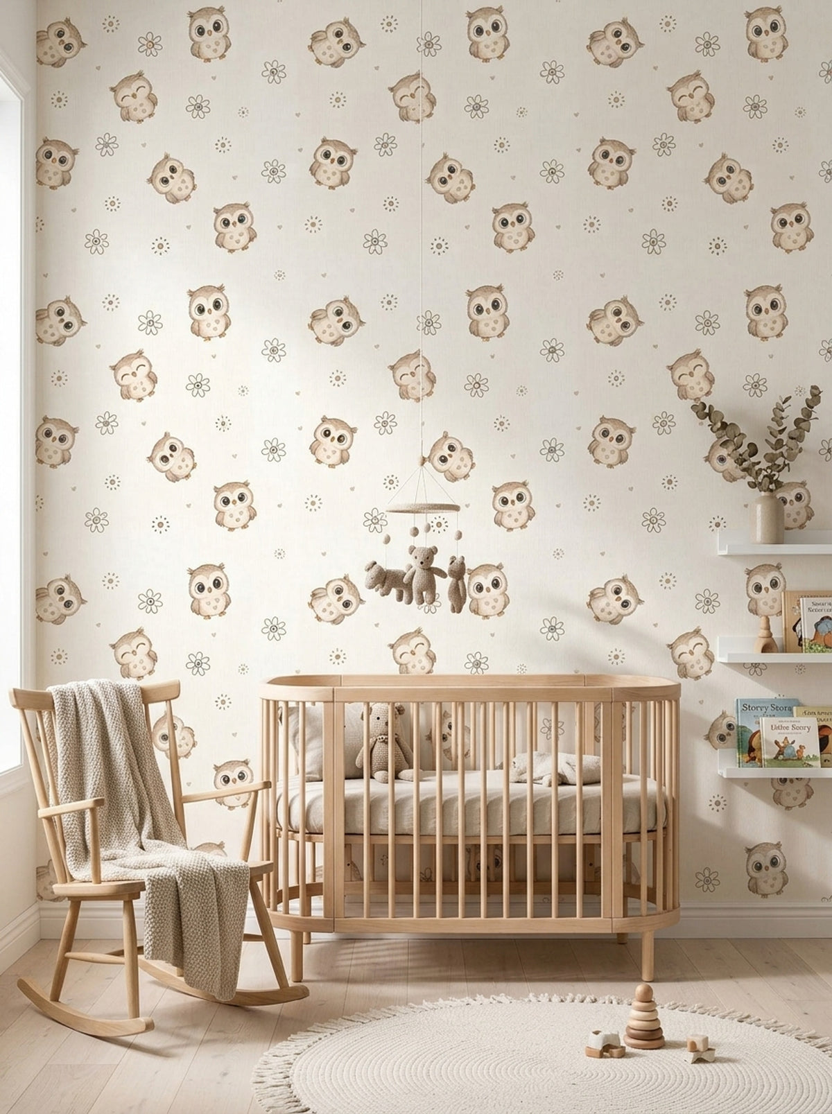 Cute Owl Wallpaper Hand Drawn Floral Pattern In Cream Beige Brown