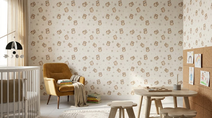 Cute Owl Wallpaper Hand Drawn Floral Pattern In Cream Beige Brown