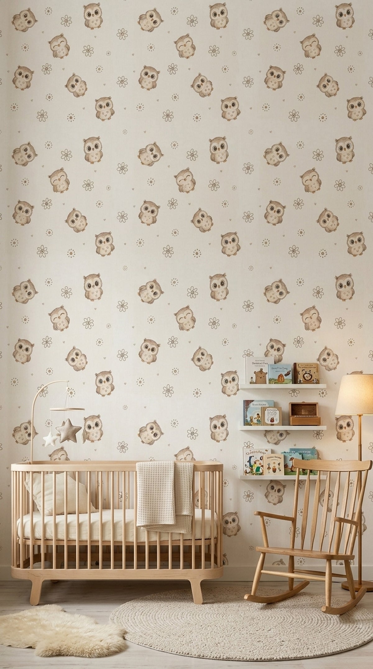 Cute Owl Wallpaper Hand Drawn Floral Pattern In Cream Beige Brown