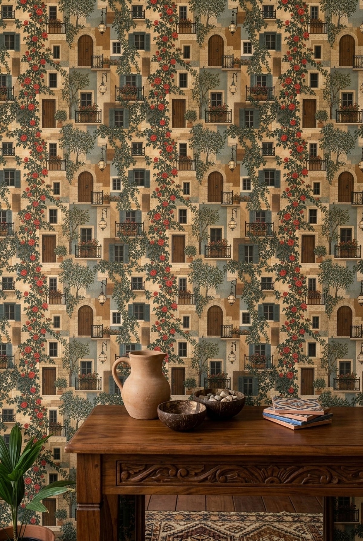 Mediterranean Stone Facade Wallpaper Roses And Shutters