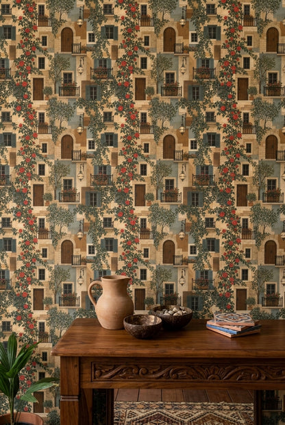 Mediterranean Stone Facade Wallpaper Roses And Shutters