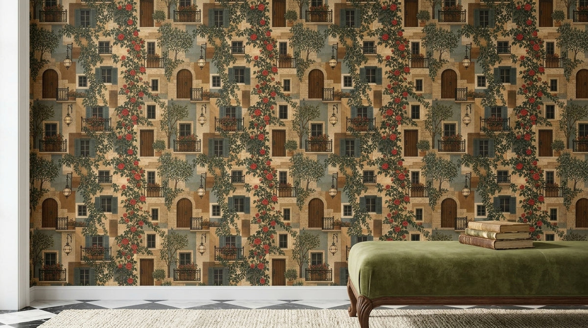 Mediterranean Stone Facade Wallpaper Roses And Shutters