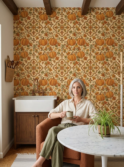 Pumpkin Medallion Wallpaper Vintage Mosaic Stone Background