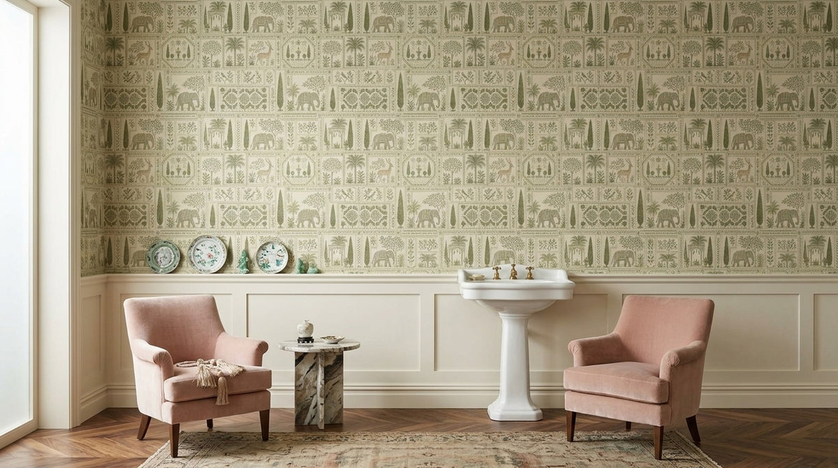 Elephant Wallpaper Sage Green Toile Botanical Garden