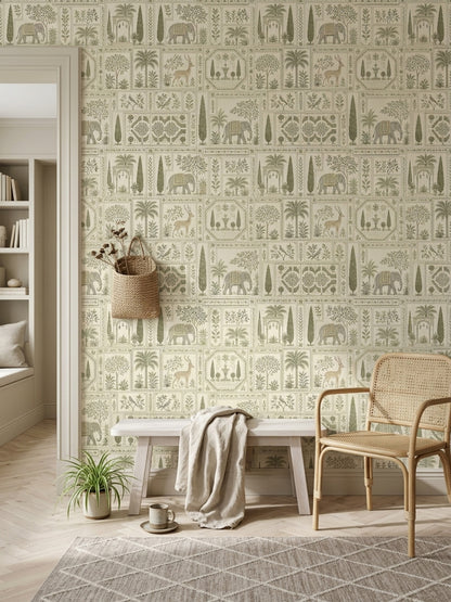 Elephant Wallpaper Sage Green Toile Botanical Garden