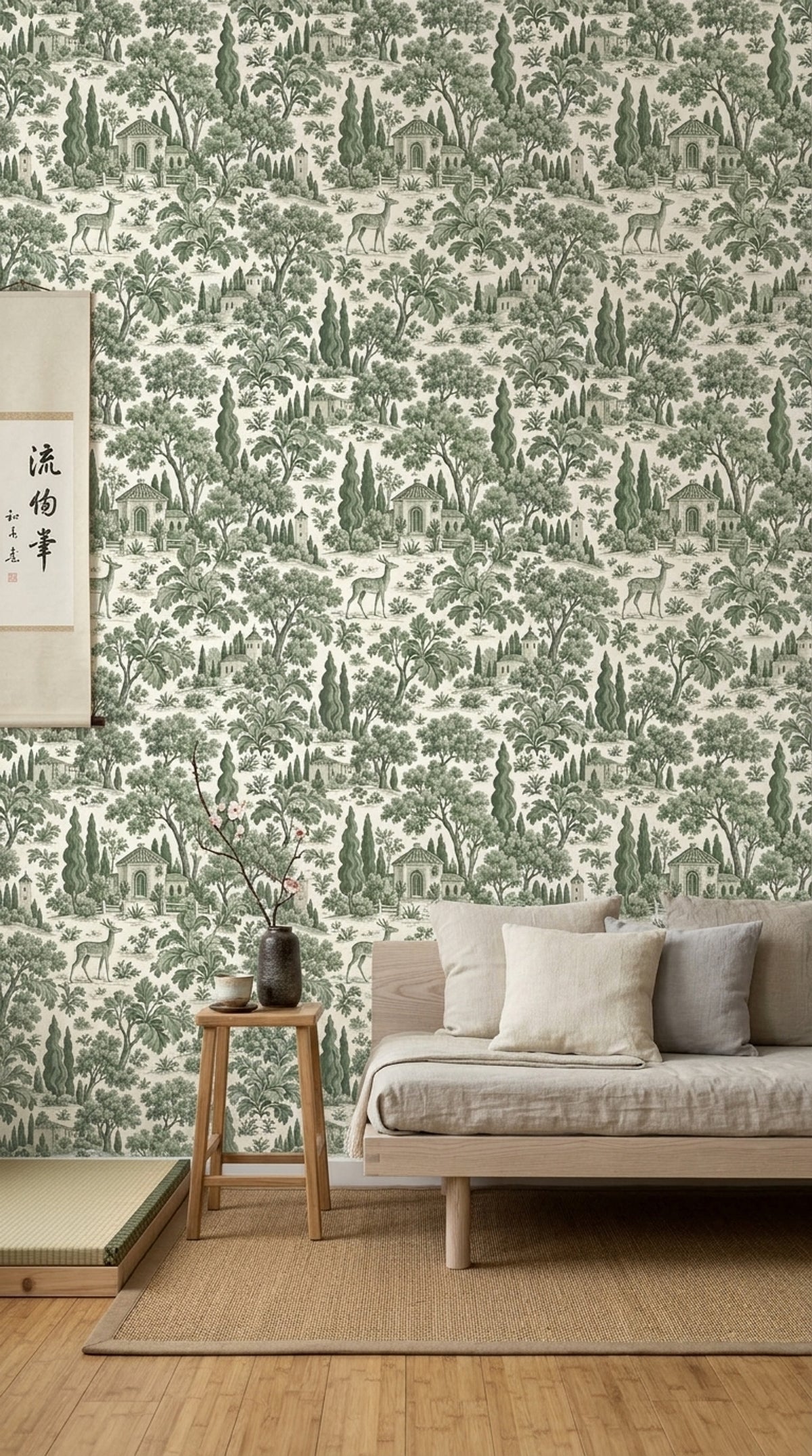Tuscan Landscape Wallpaper Green Toile