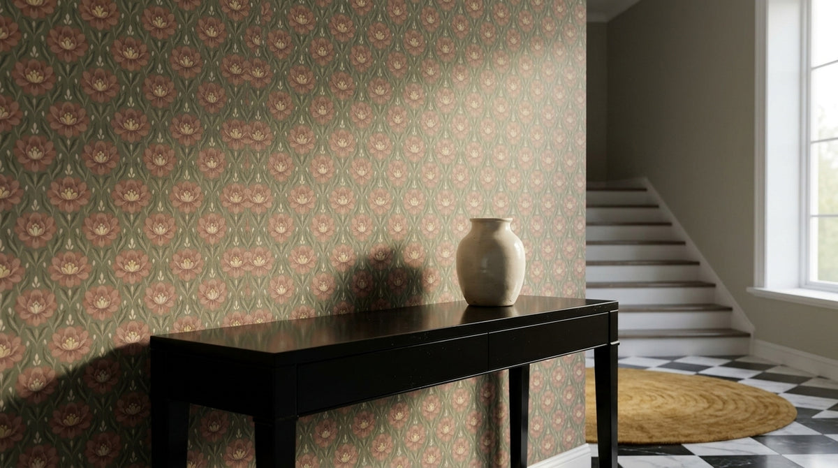 Pink Blossom Wallpaper Symmetrical Sage Green Floral