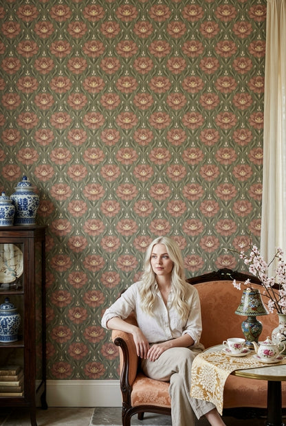 Pink Blossom Wallpaper Symmetrical Sage Green Floral