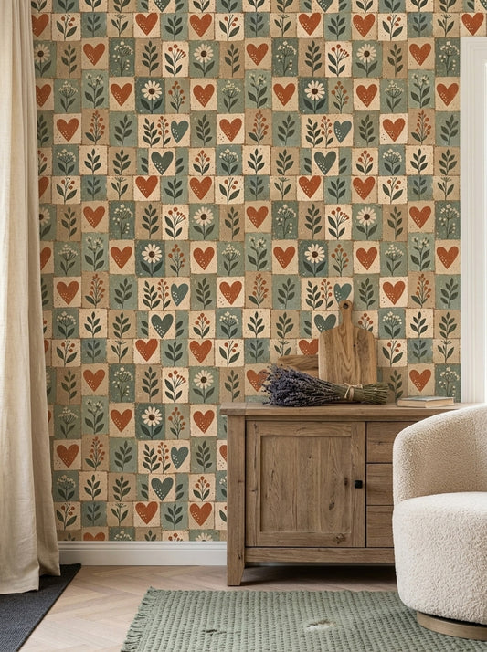 Folk Floral Hearts Wallpaper Patchwork Blocks