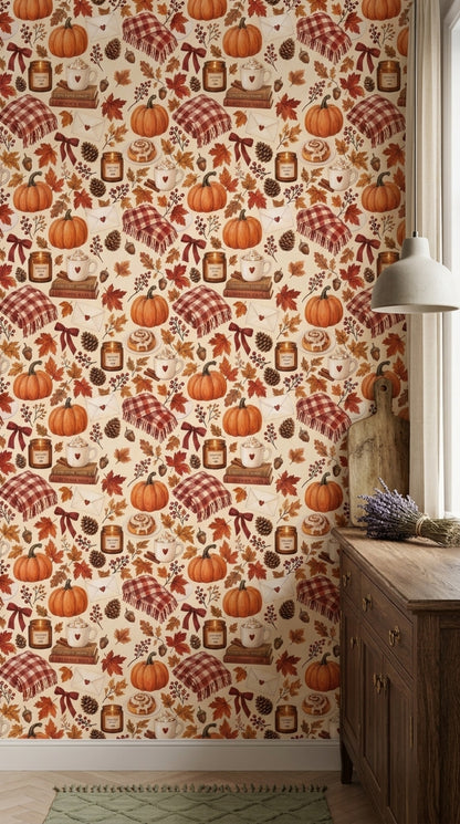 Pumpkins Wallpaper Watercolor Cozy Farmhouse Pattern