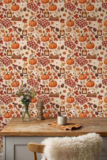 Pumpkins Wallpaper Watercolor Cozy Farmhouse Pattern
