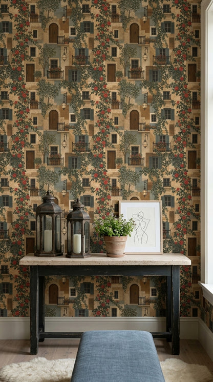 Mediterranean Stone Facade Wallpaper Roses And Shutters