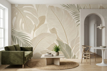 Tropical Leaves Wallpaper Neutral Botanical Wall Mural