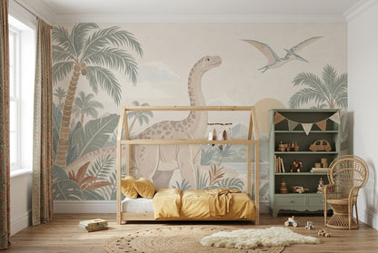 Pastel Dinosaur Landscape Wallpaper Tropical Nursery Wall Mural