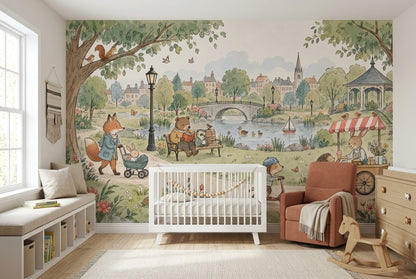 Storybook Park Animals Wallpaper Watercolor Illustration Wall Mural