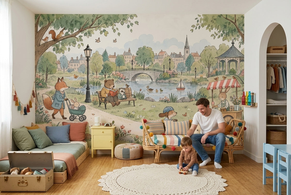 Storybook Park Animals Wallpaper Watercolor Illustration Wall Mural