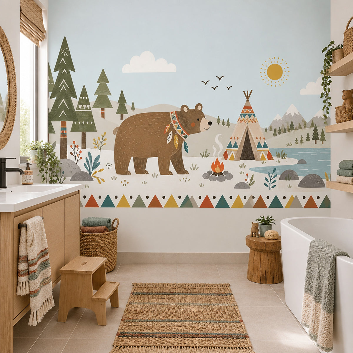 Woodland Bear Teepee Wallpaper Boho Camping Wall Mural