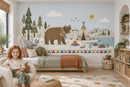 Woodland Bear Teepee Wallpaper Boho Camping Wall Mural