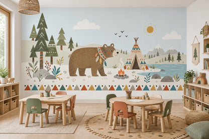 Woodland Bear Teepee Wallpaper Boho Camping Wall Mural