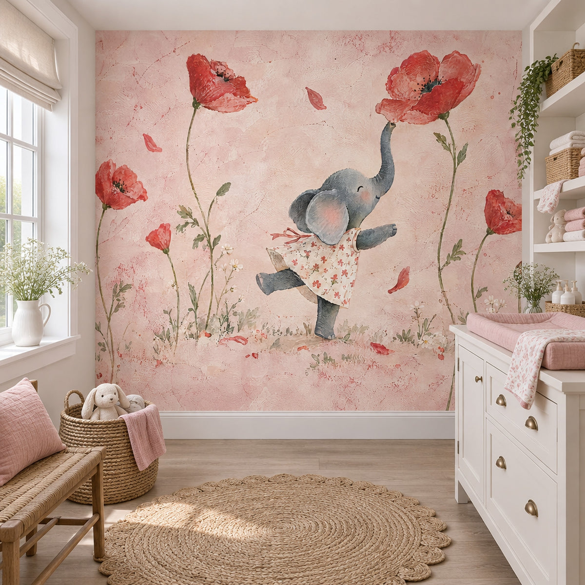 Watercolor Elephant Wallpaper Poppy Garden Wall Mural