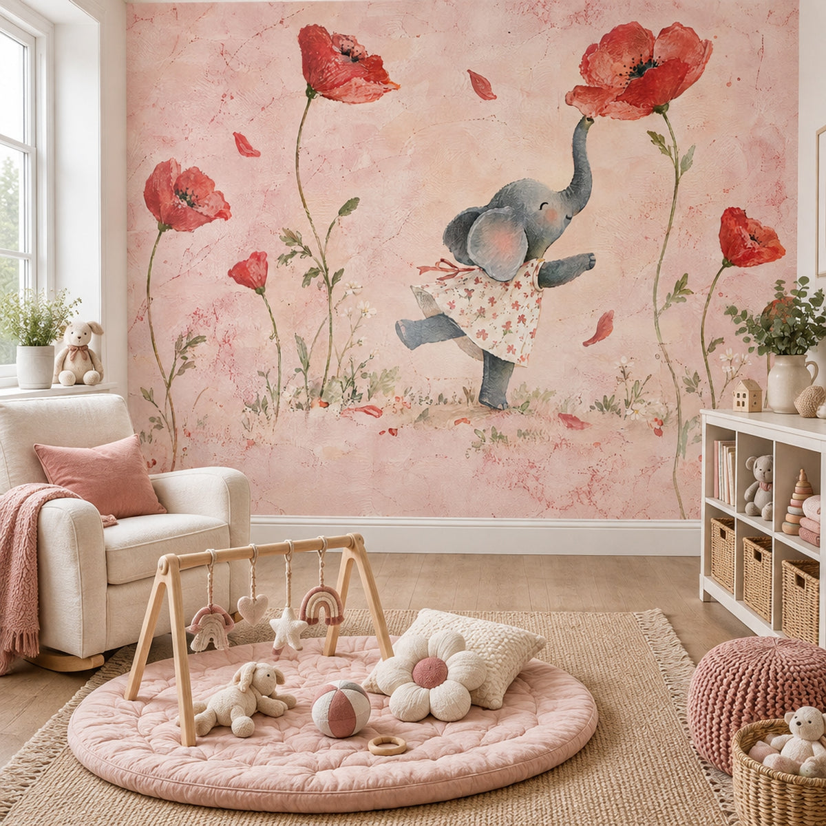 Watercolor Elephant Wallpaper Poppy Garden Wall Mural
