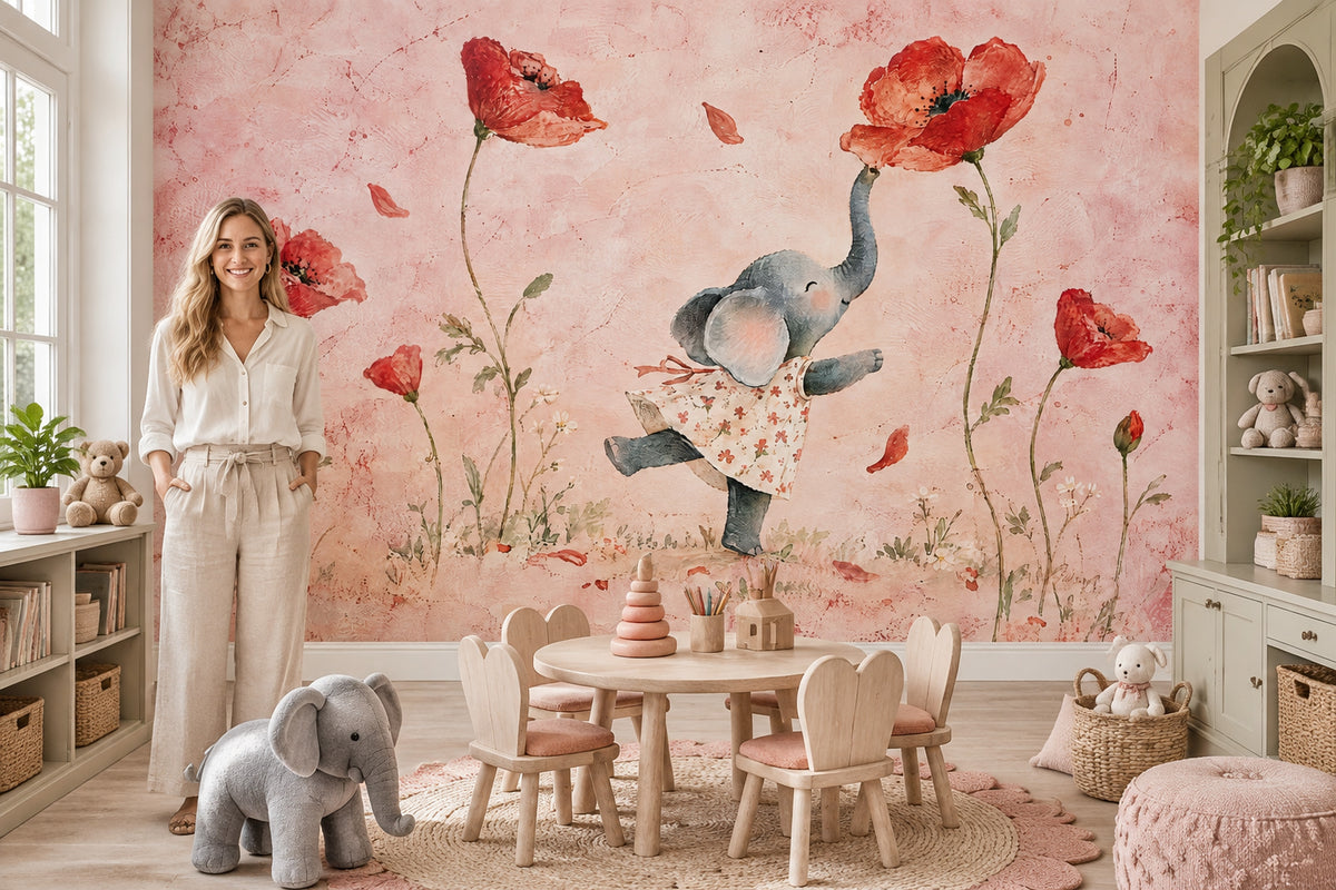 Watercolor Elephant Wallpaper Poppy Garden Wall Mural