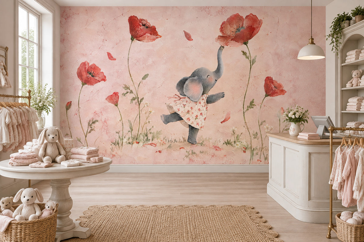 Watercolor Elephant Wallpaper Poppy Garden Wall Mural