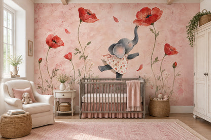 Watercolor Elephant Wallpaper Poppy Garden Wall Mural