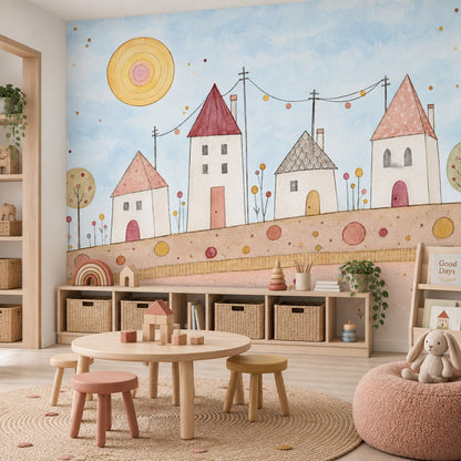 Whimsical Village Wallpaper Watercolor Kids Landscape Wall Mural