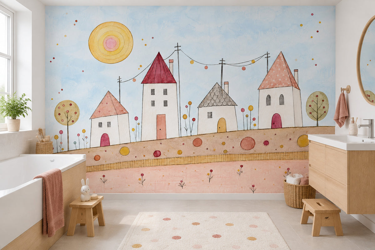 Whimsical Village Wallpaper Watercolor Kids Landscape Wall Mural