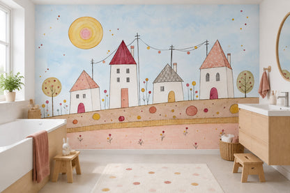 Whimsical Village Wallpaper Watercolor Kids Landscape Wall Mural