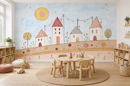 Whimsical Village Wallpaper Watercolor Kids Landscape Wall Mural
