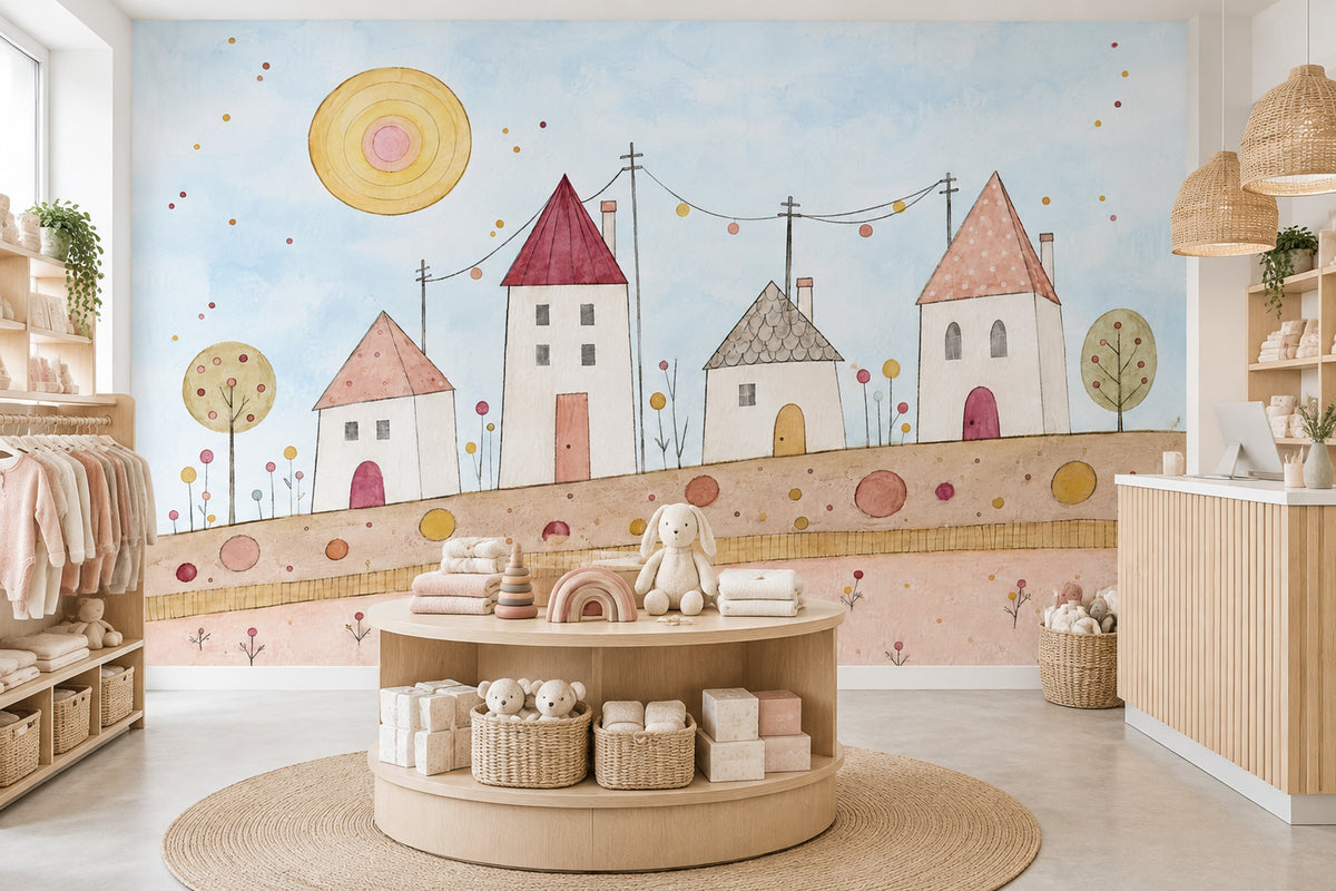 Whimsical Village Wallpaper Watercolor Kids Landscape Wall Mural