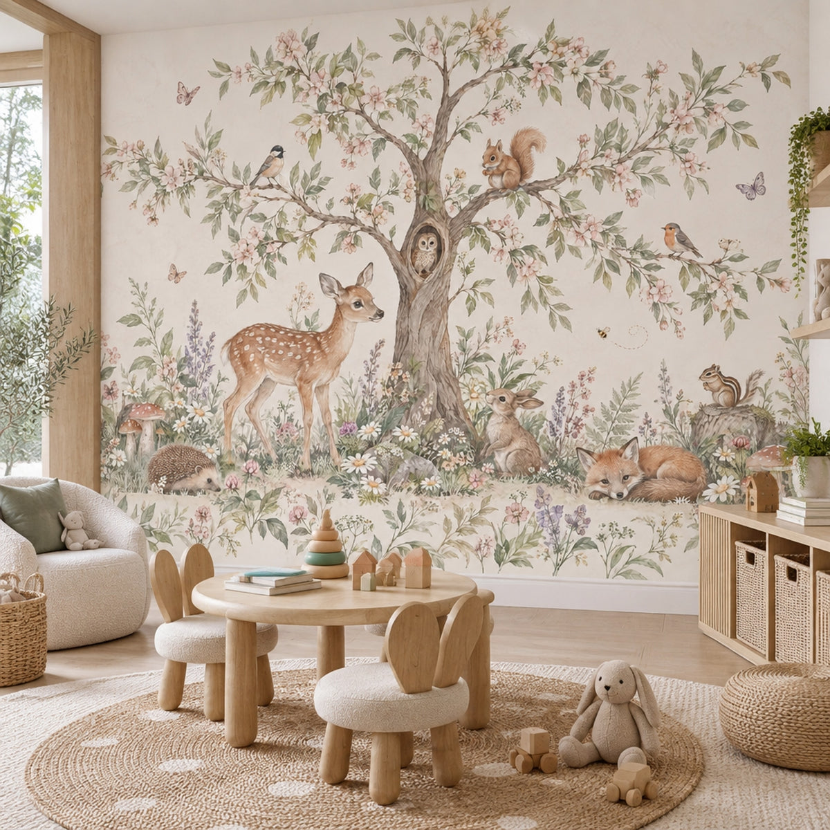 Watercolor Woodland Nursery Wallpaper Storybook Forest Animals Wall Mural