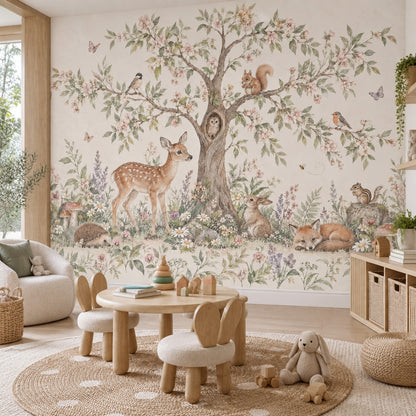 Watercolor Woodland Nursery Wallpaper Storybook Forest Animals Wall Mural