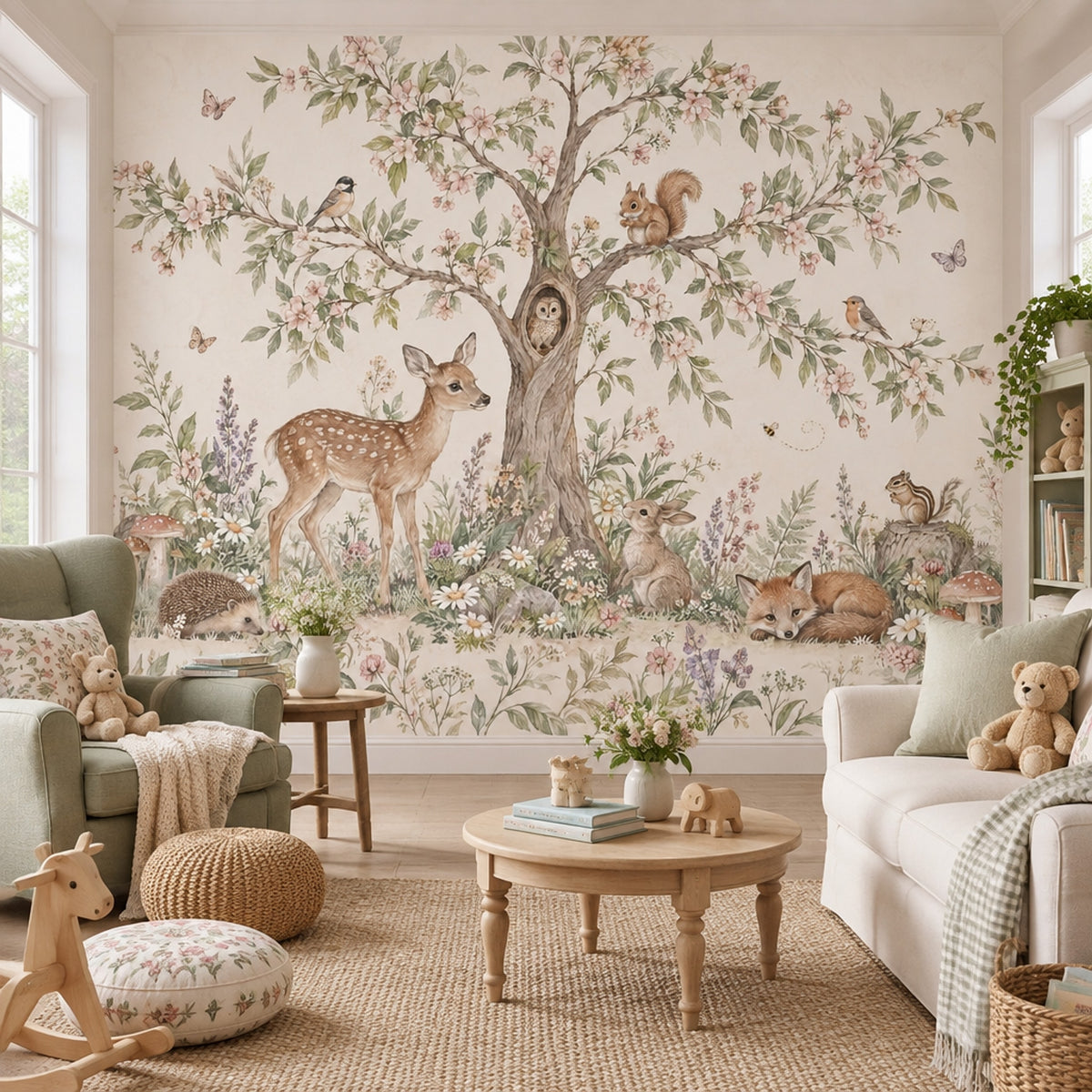 Watercolor Woodland Nursery Wallpaper Storybook Forest Animals Wall Mural