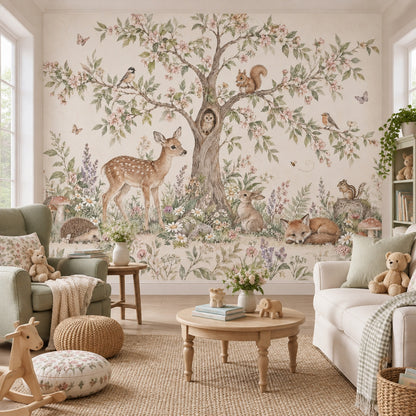 Watercolor Woodland Nursery Wallpaper Storybook Forest Animals Wall Mural