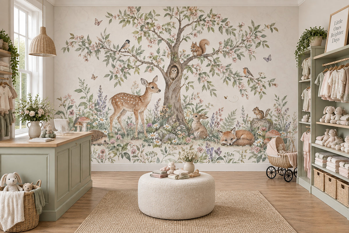 Watercolor Woodland Nursery Wallpaper Storybook Forest Animals Wall Mural
