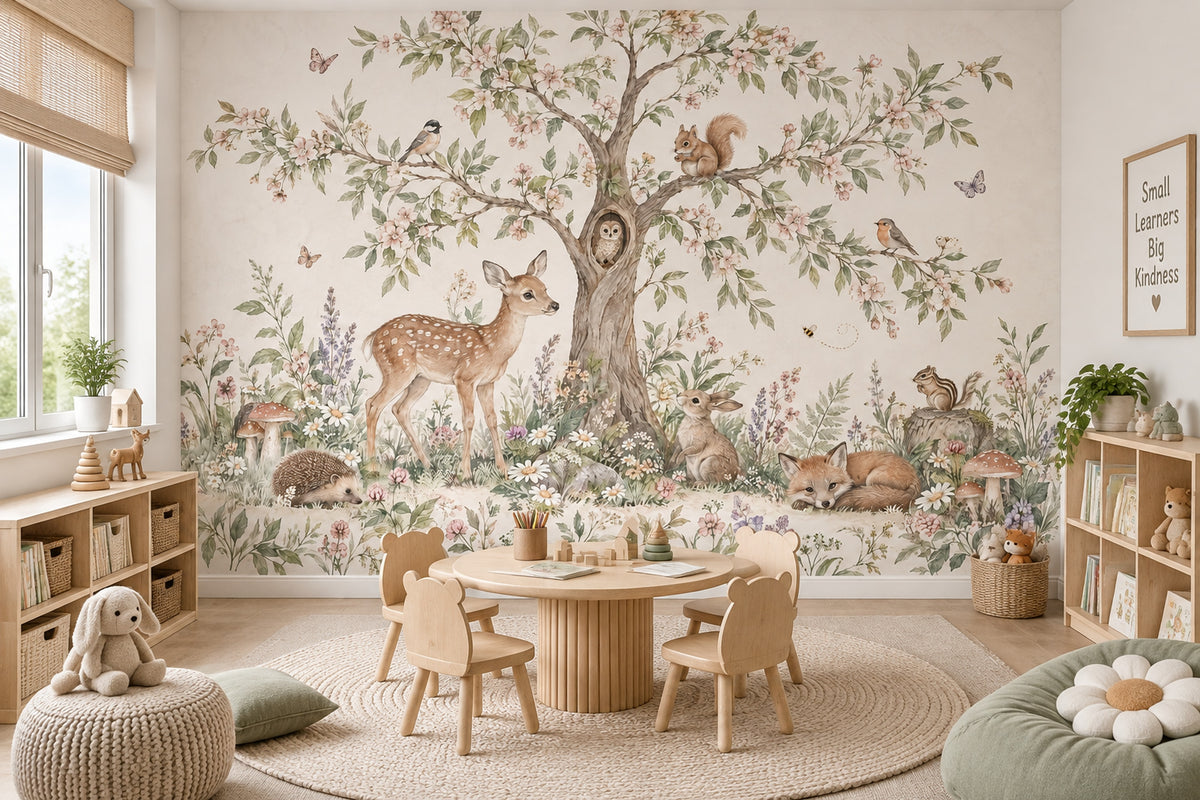 Watercolor Woodland Nursery Wallpaper Storybook Forest Animals Wall Mural