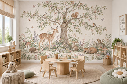 Watercolor Woodland Nursery Wallpaper Storybook Forest Animals Wall Mural