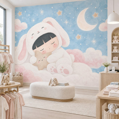 Sleeping Bunny Child Wallpaper Pastel Nursery Sky Wall Mural