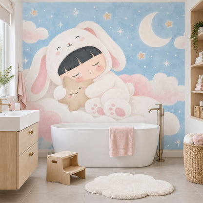 Sleeping Bunny Child Wallpaper Pastel Nursery Sky Wall Mural