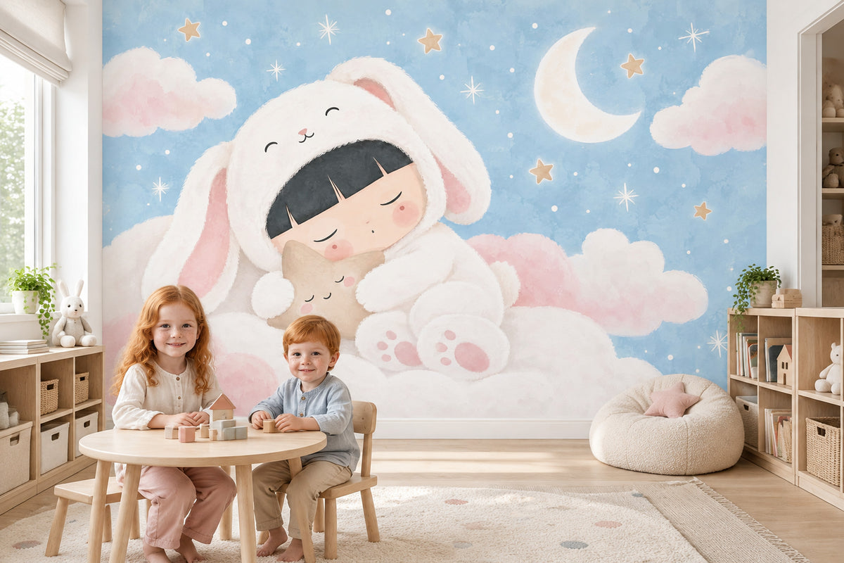 Sleeping Bunny Child Wallpaper Pastel Nursery Sky Wall Mural