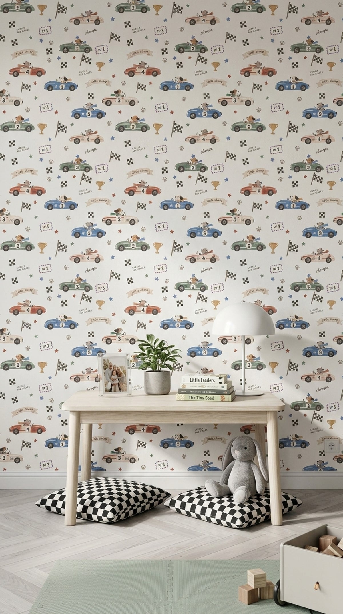 Race Cars And Dogs Wallpaper Watercolor Checkered Flag Pattern