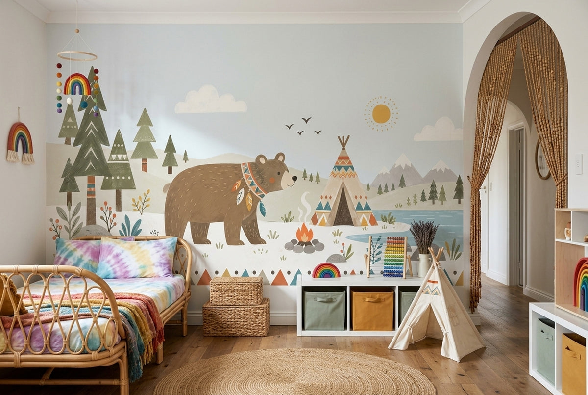 Woodland Bear Teepee Wallpaper Boho Camping Wall Mural