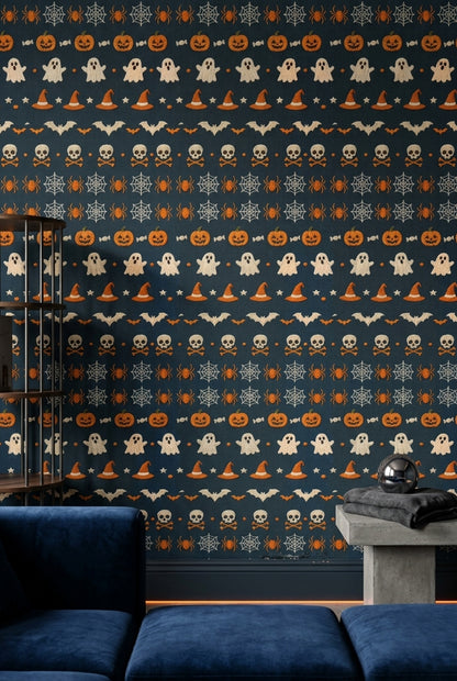 Halloween Icons Wallpaper Dark Teal Embroidered Pattern