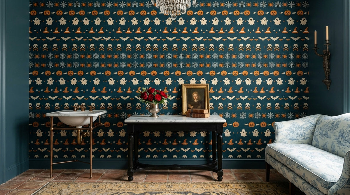 Halloween Icons Wallpaper Dark Teal Embroidered Pattern