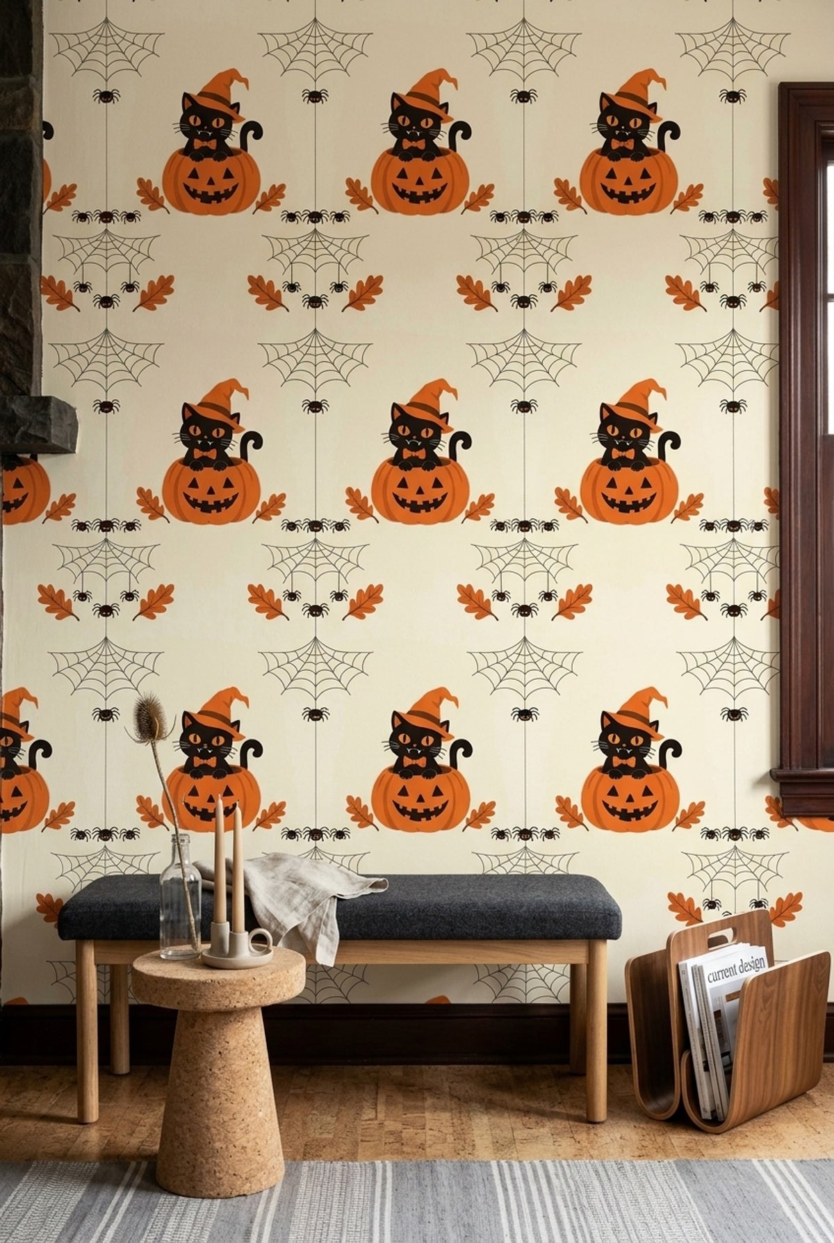 Black Cat Halloween Wallpaper Witch Hat Pumpkin Pattern