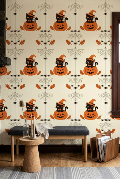 Black Cat Halloween Wallpaper Witch Hat Pumpkin Pattern