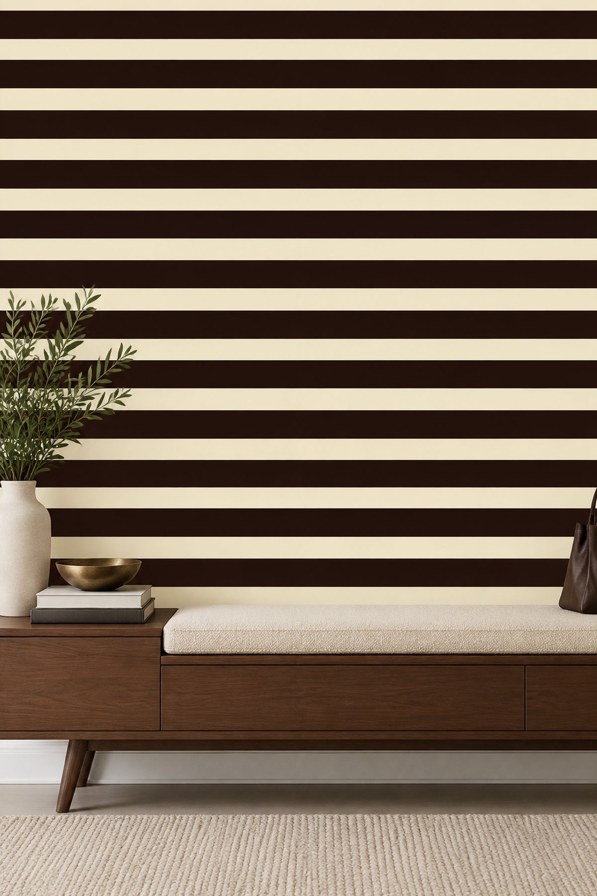 Stripe Wallpaper Horizontal Bands In Burgundy Brown And Cream
